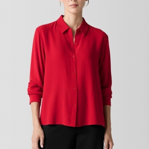 Eileen Fisher Silk Georgette Crepe Classic Collar Shirt Color Red Size Large - Picture 2 of 12